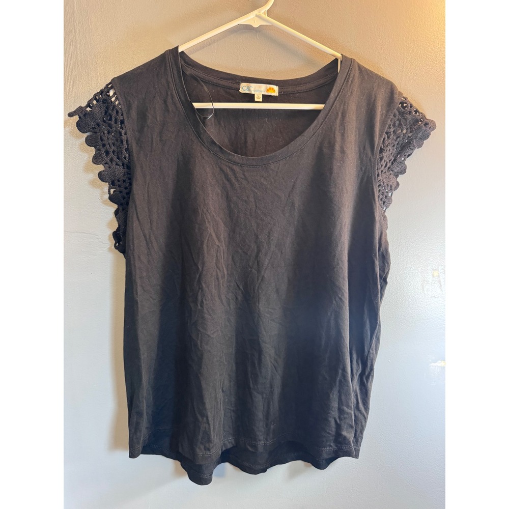 C&C California Womens Black Crochet Lace Flutter Sleeve Scoop Neck Top Large